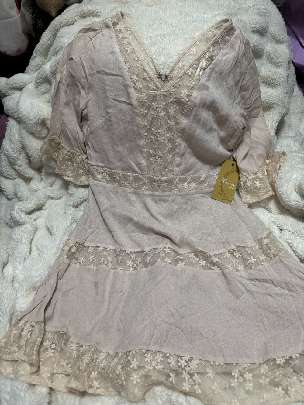 ANDREE BY UNIT Pale Blush Lace Trim Mini Dress